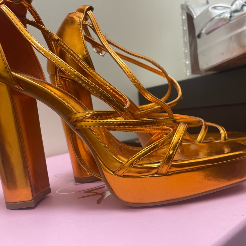 Orange metallic heels
